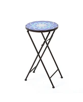 Blue & White Folding Patio Accent Table with Glass Top