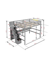 Full Size Loft Bed With Desk, Storage Shelves And Staircase, Grey