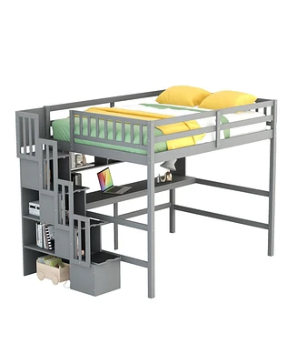 Full Size Loft Bed With Desk, Storage Shelves And Staircase, Grey