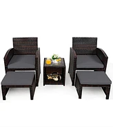 Gymax 5PCS Rattan Patio Furniture Set Chair & Ottoman Set w/ Cushions