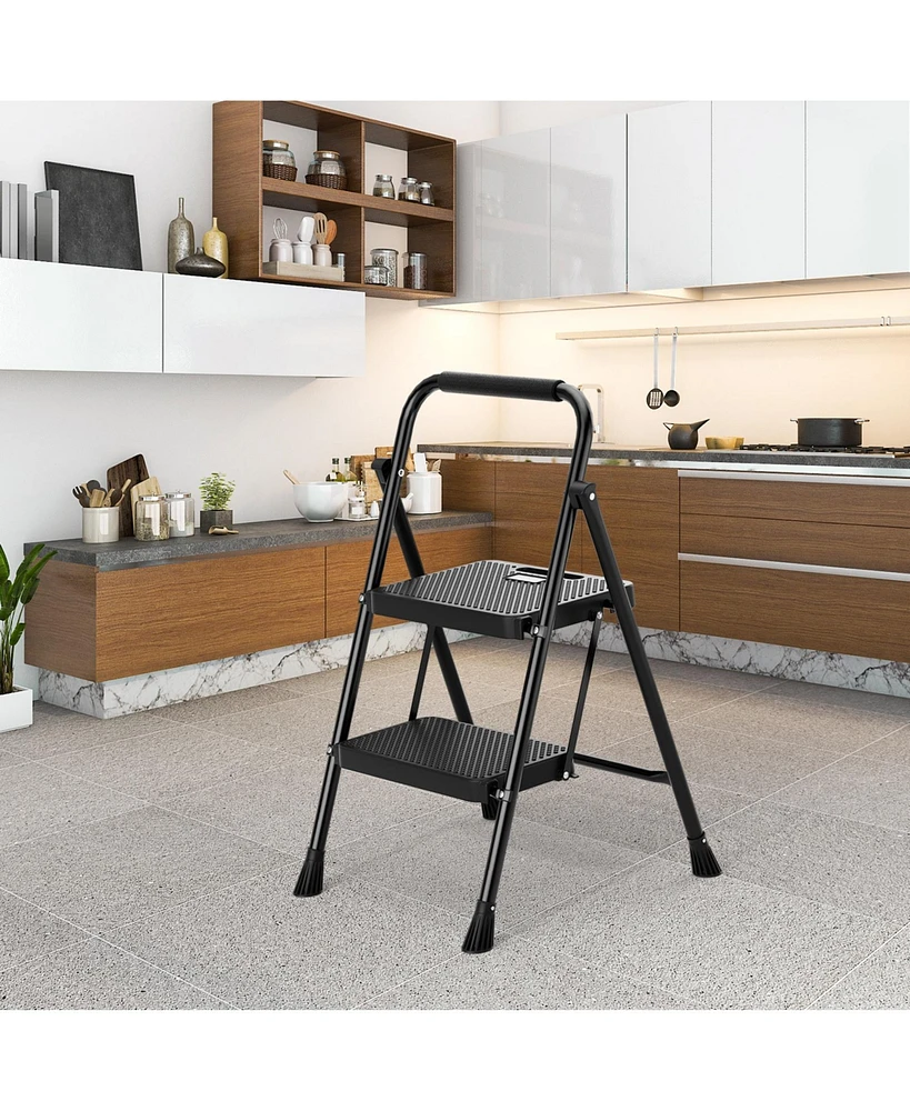 Slickblue Portable Folding 2 Step Ladder with Wide Anti-Slip Pedal-Black