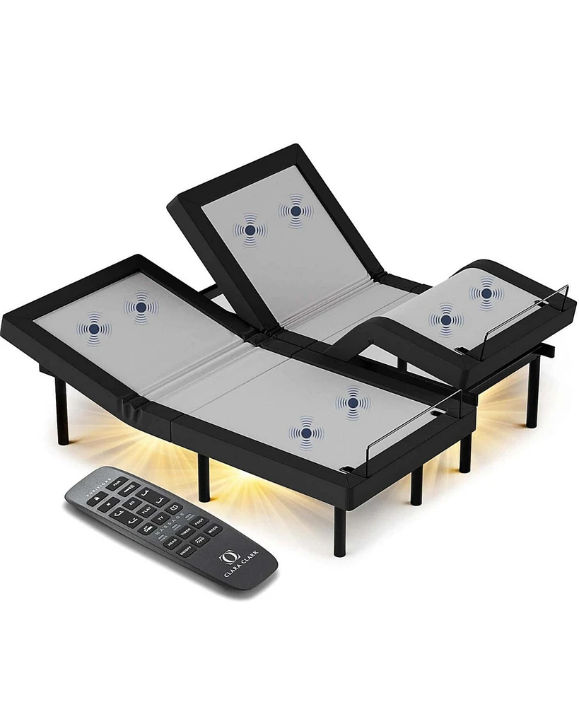 Clara Clark Adjustable Head & Foot Zero Gravity Massage Bed Base - with Wireless Remote, Usb Ports, Led Light - Split King