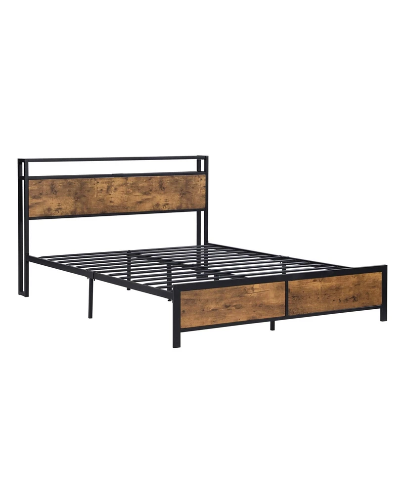 Simplie Fun Rustic Brown Full Bed Frame with Led Lights & Storage