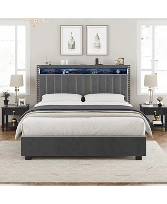 Simplie Fun Luxury Gas Lift Storage Bed With Rf Led Lights, Storage Headboard, Full Size, Velvet Grey