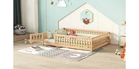 Full Size Bed Floor Bed with Safety Guardrails and Door for Kids, Natural