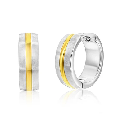 Metallo Stainless Steel 15mm Lined Matte & Polished Huggie Hoop Earrings