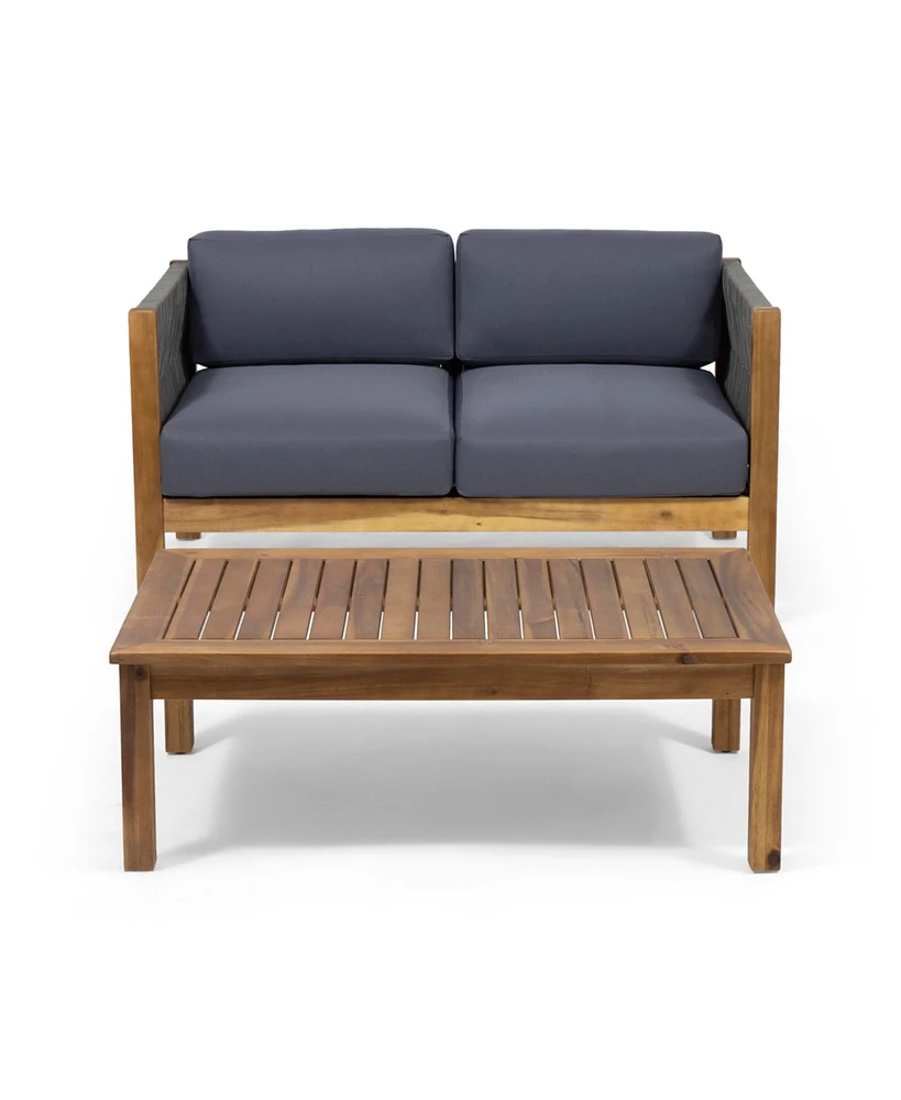 Simplie Fun Modern Acacia Wood and Rattan Loveseat and Coffee Table Set