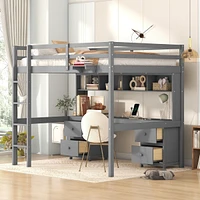 Streamdale Furniture Full Size Loft Bed With Desk, Cabinets, Drawers And Bedside Tray, Charging Station