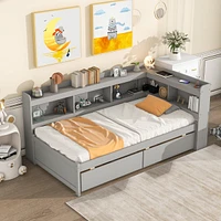 Streamdale Furniture Twin Bed With L-Shaped Bookcases, Drawers, Grey