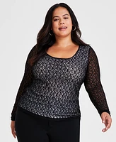 Bar Iii Trendy Plus Scoop-Neck Long-Sleeve Lace Top, Created for Macy's