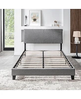Queen Size Upholstered Platform Bed Frame, Wood Slat Support, Easy Assembly, Grey