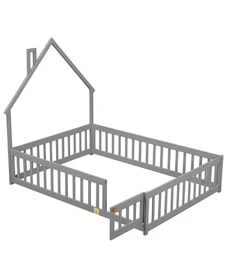 Simplie Fun Full House-Shaped Headboard Floor Bed With Fence