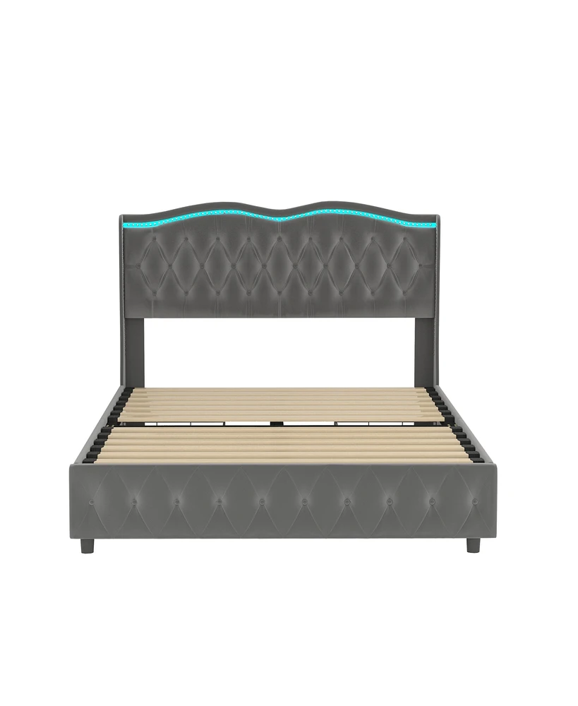 Streamdale Furniture Velvet Upholstered Queen Platform Bed with Led Headboard & Storage