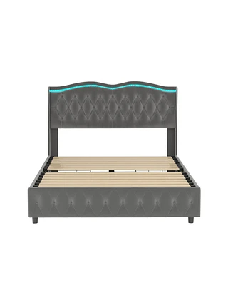 Simplie Fun Velvet Upholstered Queen Platform Bed with Led Headboard & Storage