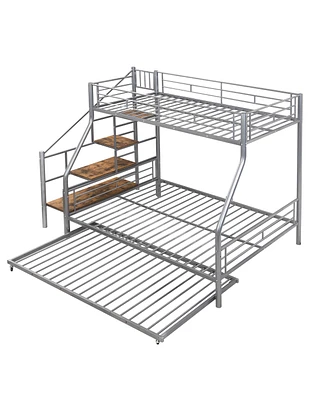 Simplie Fun Twin Over Full Size Metal Bunk Bed With Trundle And Storage Staircase