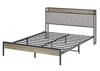 Bed Frame With Charging Station Queen Size, Grey, 87.8" L X 61.8" W X 39.2" H