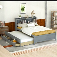 Streamdale Furniture Full Size Bed with Usb, Led Light, Bookcase, Trundle & Storage