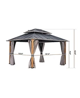 Mondawe 12 ftx14 ft Hardtop Gazebo Double Roof Aluminum Patio Gazebo with Netting and Curtains