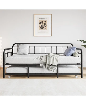 Simplie Fun Twin Size Metal Daybed Frame With Trundle, Heavy Duty Steel Slat Support Sofa Bed Platform