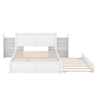 Queen Size Storage Platform Bed With Pull Out Shelves And Twin Xl Size Trundle