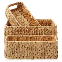 Casafield Water Hyacinth Storage Basket Set for Shelves - 1-Large, 2-Small Woven Bin Organizers with Handles Natural