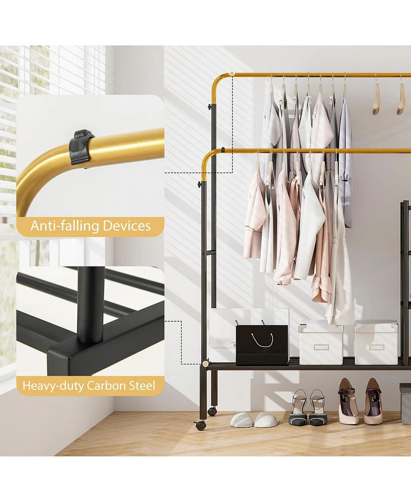 Slickblue Rolling Double Rods Garment Rack with Height Adjustable Hanging Bars