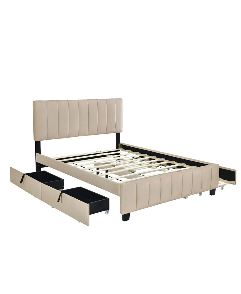 Streamdale Furniture Queen Size Velvet Upholstered Platform Bed With 2 Drawers And 1 Twin Xl Trundle