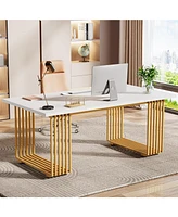 Tribesigns 70.9" Modern Office Desk, Wooden Computer Desk, White Executive Desk with Gold Metal Legs, Large Workstation for Home Office, Study Writing