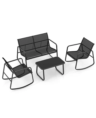 Slickblue 4 Piece Patio Rocking Set with Glass-Top Table-Black