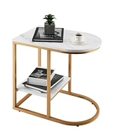 Slickblue 2 Tier C-shaped Side Table with Faux Marble Tabletop and Golden Steel Frame-White