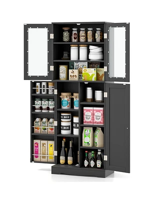 Slickblue Tall Kitchen Pantry Cabinet with Dual Tempered Glass Doors and Shelves