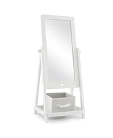 Slickblue Kids Full Length Wooden Standing Mirror with Bottom Shelf and Foldable Storage Bin-White