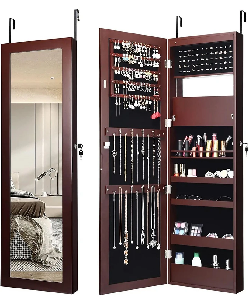 Sugift Lockable Wall Door Mounted Mirror Jewelry Cabinet with Led Lights