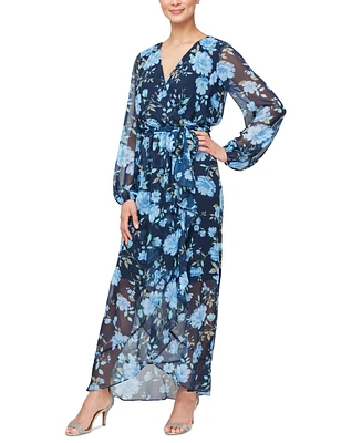 Sl Fashions Women's V-Neck Chiffon Long-Sleeve A-Line Maxi Dress