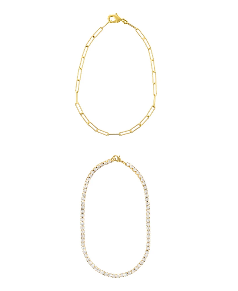 Adornia Gold 10" Tennis and Paperclip Chain Anklet Set