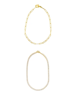 Adornia Gold 10" Tennis and Paperclip Chain Anklet Set