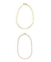 Adornia Gold 10" Tennis and Paperclip Chain Anklet Set