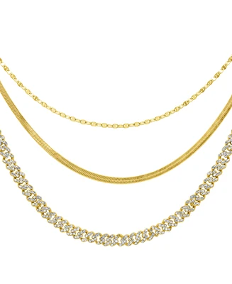 Adornia Gold Adjustable Valentina, Herringbone and 8mm Crystal Curb Chain Necklace Set