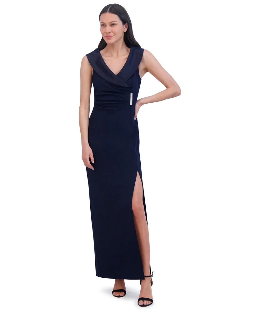 Jessica Howard Women's Collared Side-Slit Long Gown