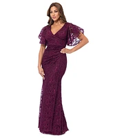 Betsy & Adam Women's Eyelash-Lace Flutter-Sleeve Long Dress