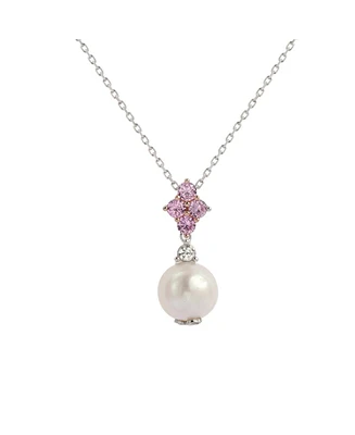 Suzy Levian New York Pink Sapphire & Lab-Grown White Sapphire & Freshwater Pearl Cluster Drop Pendant Necklace in Sterling Silver by Suzy Levian