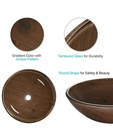 Tempered Glass Round Vessel Sink Wood Grain Pattern Bathroom Vanity Hotel Spa Bowl Basin