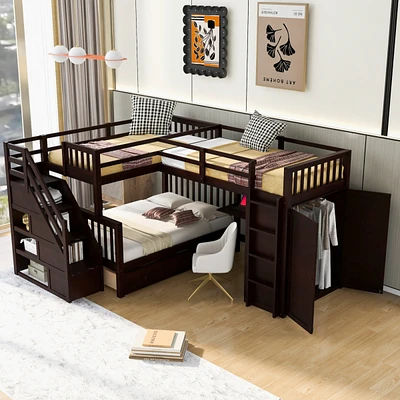 Twin-Twin over Full L-Shaped Bunk Bed w/ Desk & Wardrobe