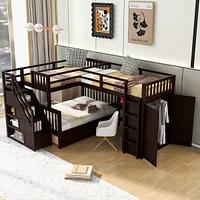 Twin-Twin over Full L-Shaped Bunk Bed w/ Desk & Wardrobe