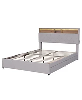 Simplie Fun Queen Size Upholstered Platform Bed With Storage Headboard, Led