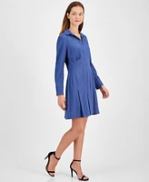 Taylor Women's Pleated-Skirt Open-Collar Long-Sleeve Dress