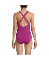 Lands' End Women's Chlorine Resistant Shine X-Back High Leg Soft Cup Tugless One Piece Swimsuit