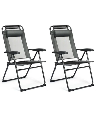 Gymax 2PC Folding Chairs Adjustable Reclining Chairs with Headrest Patio Garden Grey