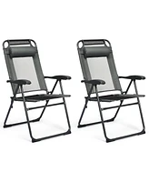 Gymax 2PC Folding Chairs Adjustable Reclining Chairs with Headrest Patio Garden Grey