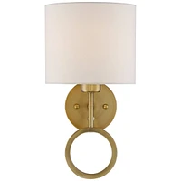 Amid on Modern Indoor Wall Mount Lamp Warm Brass Metal Ring Plug In Light Fixture Dimmable White Drum Shade for Bedroom Bedside House Reading Living R